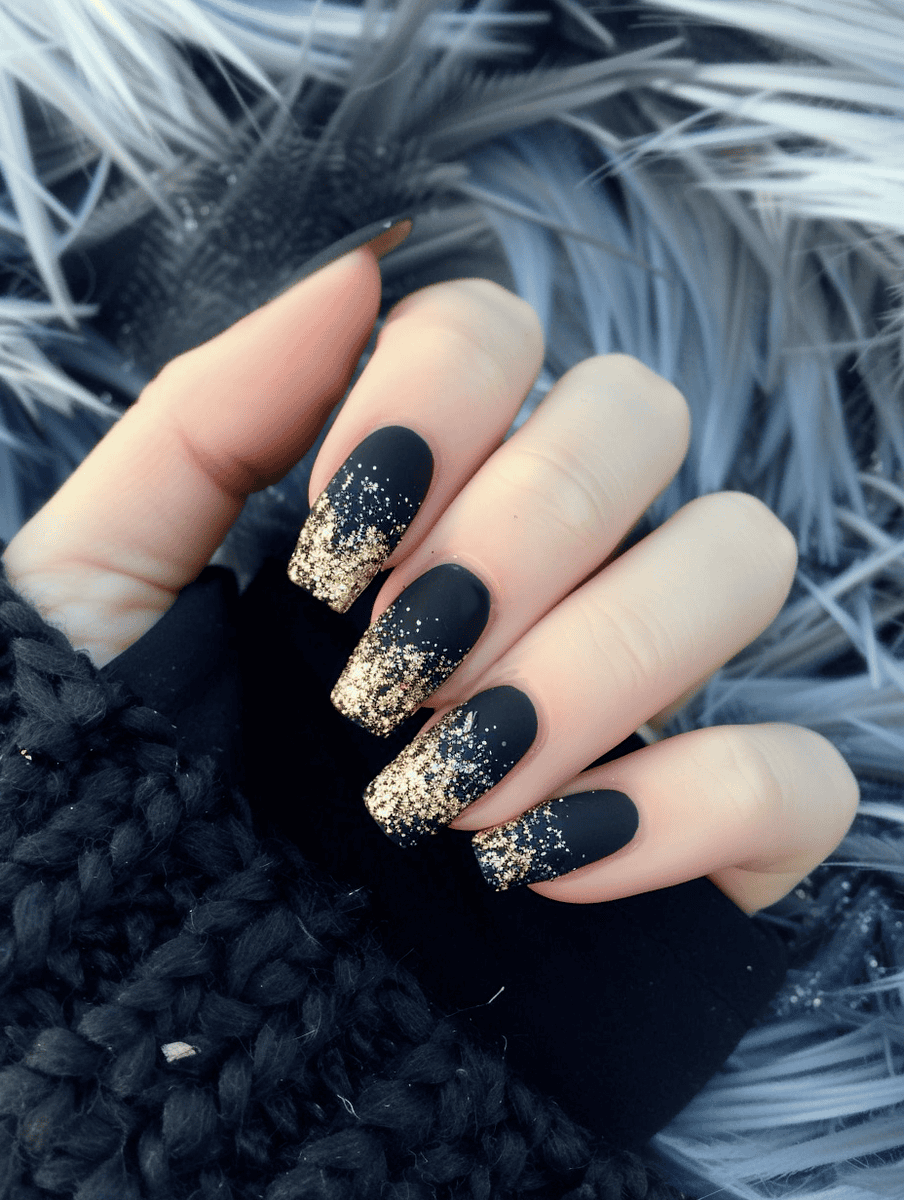 matte black nail design with gold glitter ombré