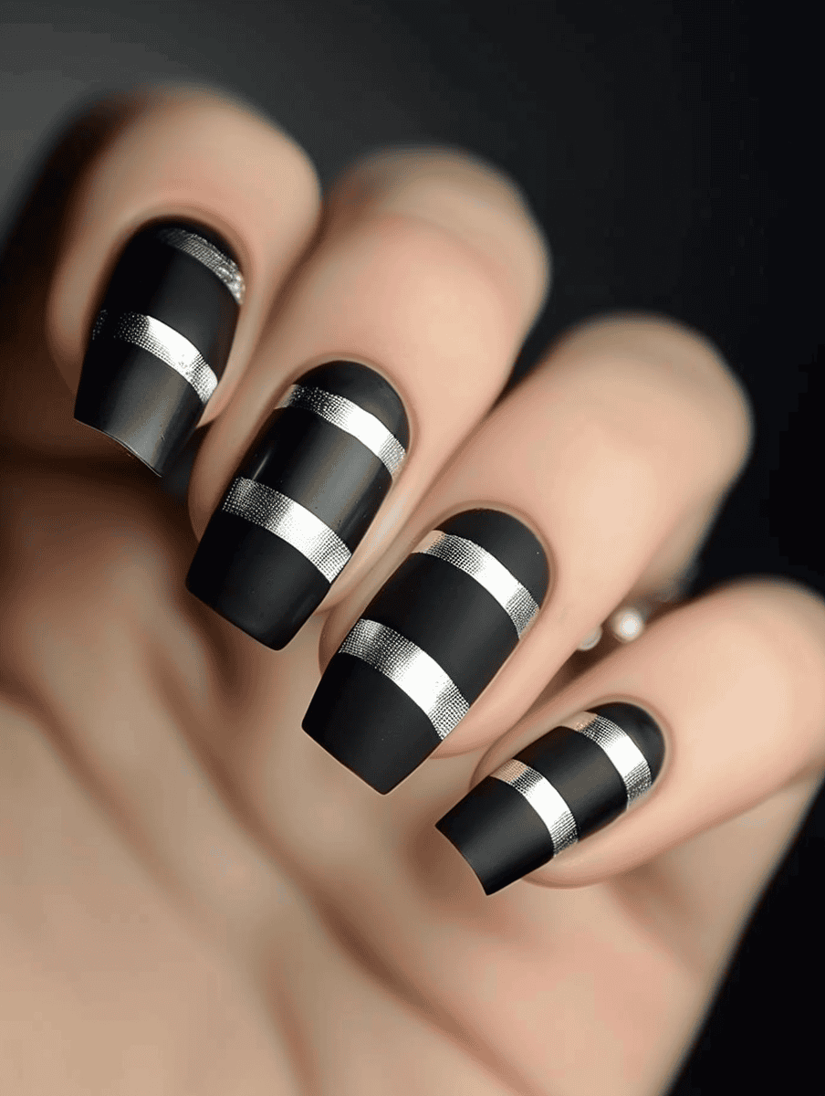 matte black nail design with silver stripes