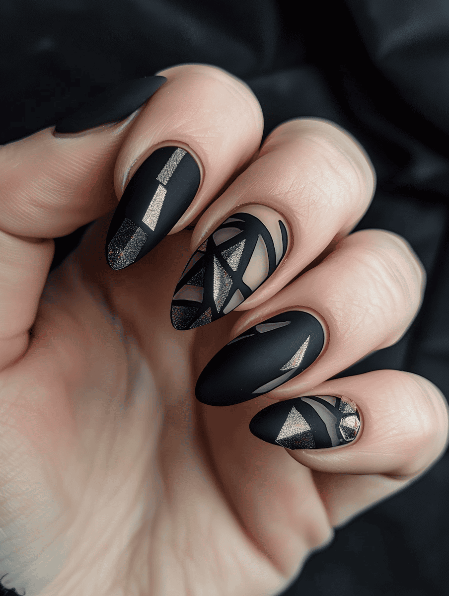 matte black nail design with geometric patterns