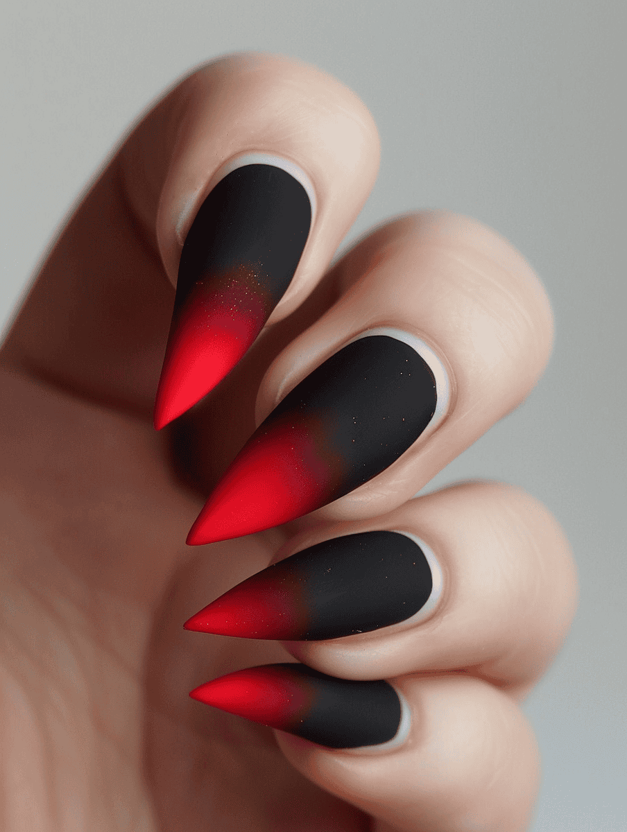 matte black nail design with red tips
