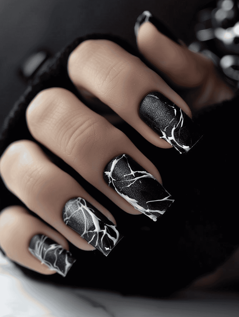 matte black nail design with silver marble effect
