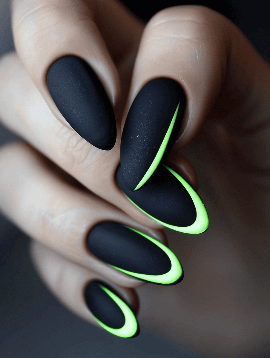 matte black nail design with neon accents