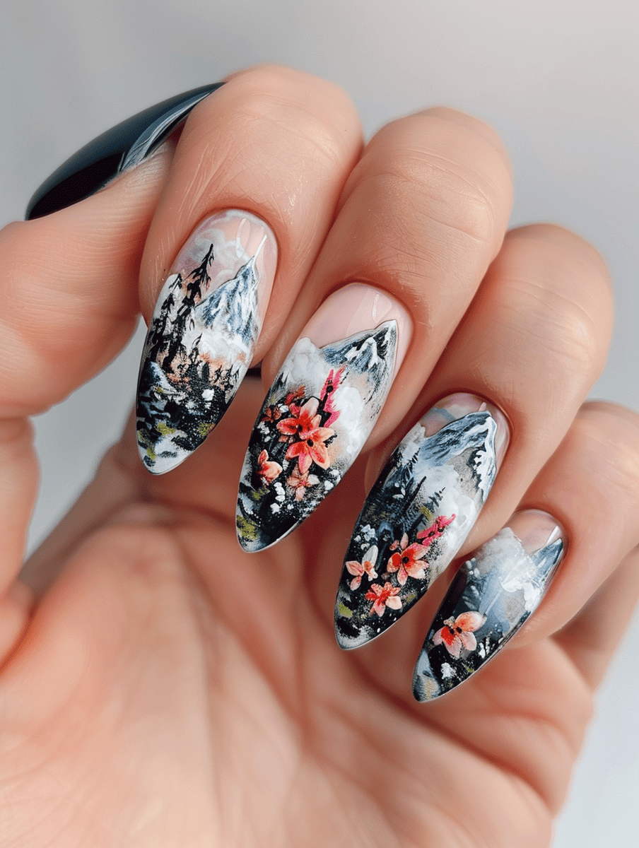 mountain landscape nail art with alpine flowers and rocky mountains
