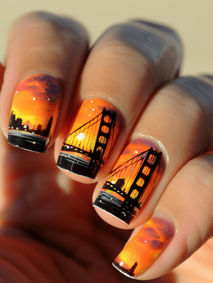 city skyline nail art design with the Golden Gate Bridge at sunset