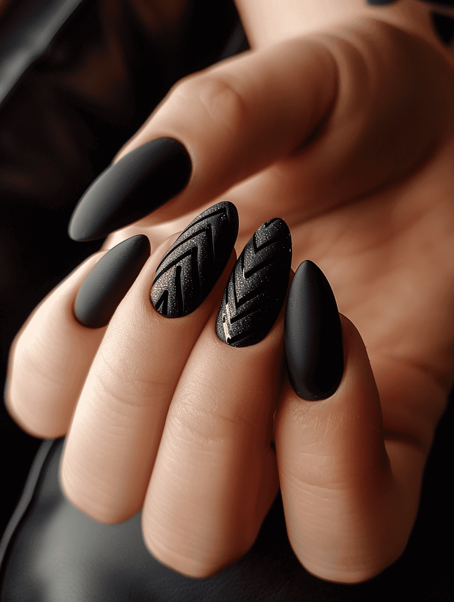 matte black nail design with chevron patterns