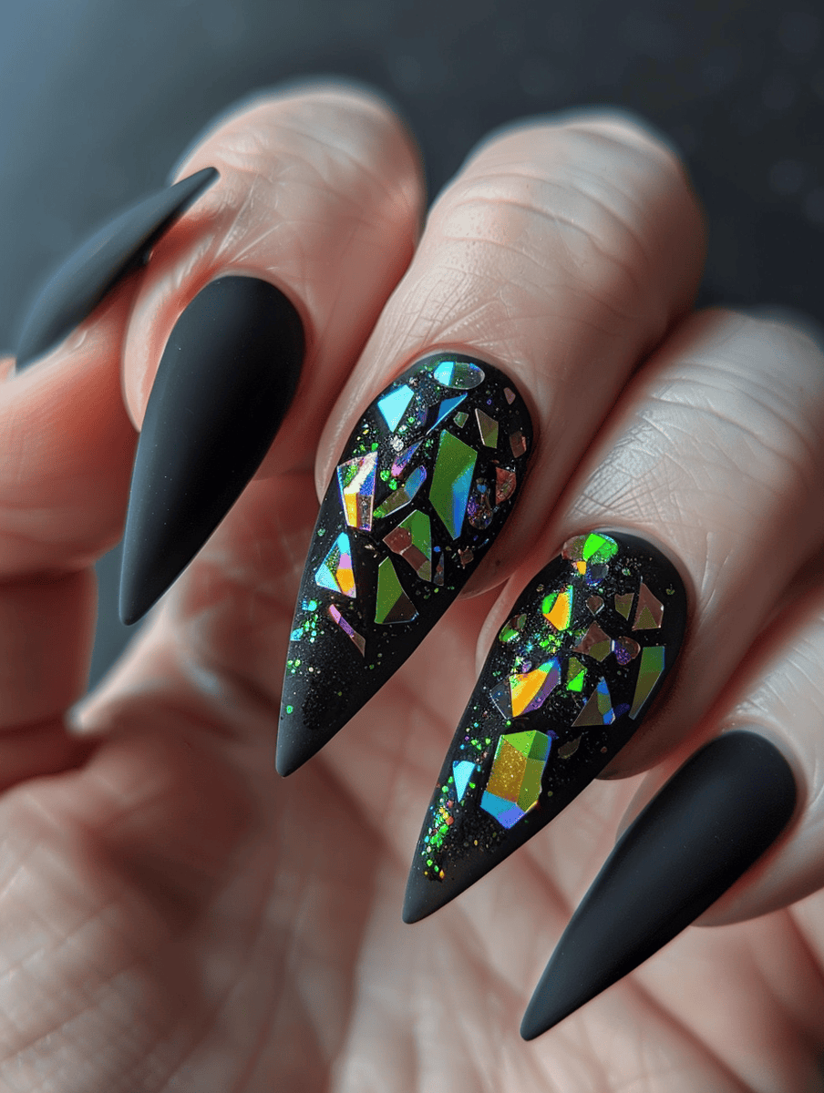 matte black nail design with holographic flakes