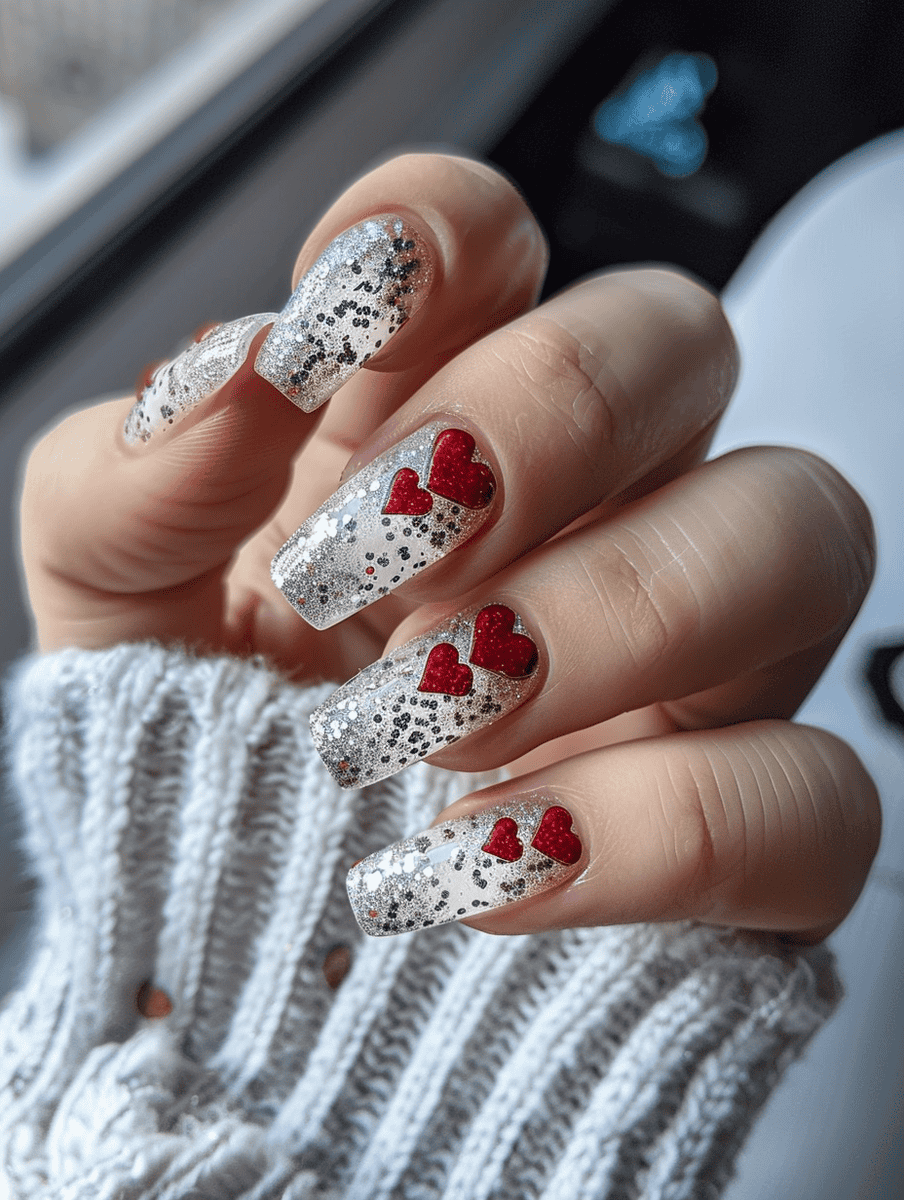 silver glitter with red hearts on square nails
