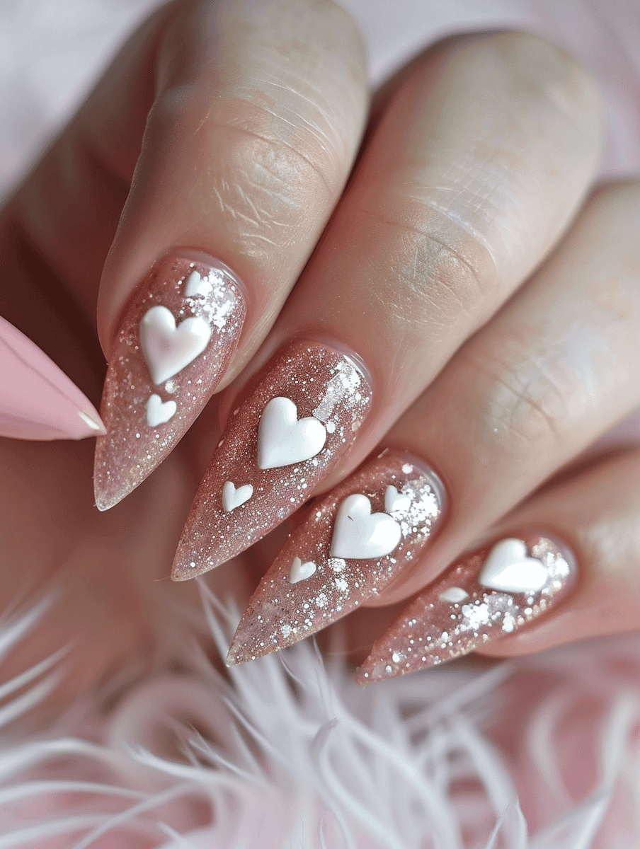 pink glitter with white hearts on pointed nails