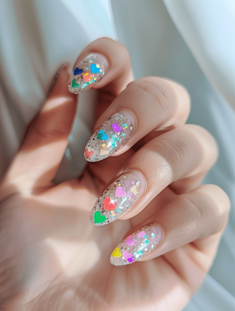 holographic glitter with multicolored hearts on round nails