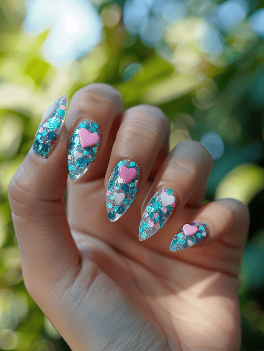 chunky blue glitter with pink hearts on oval nails