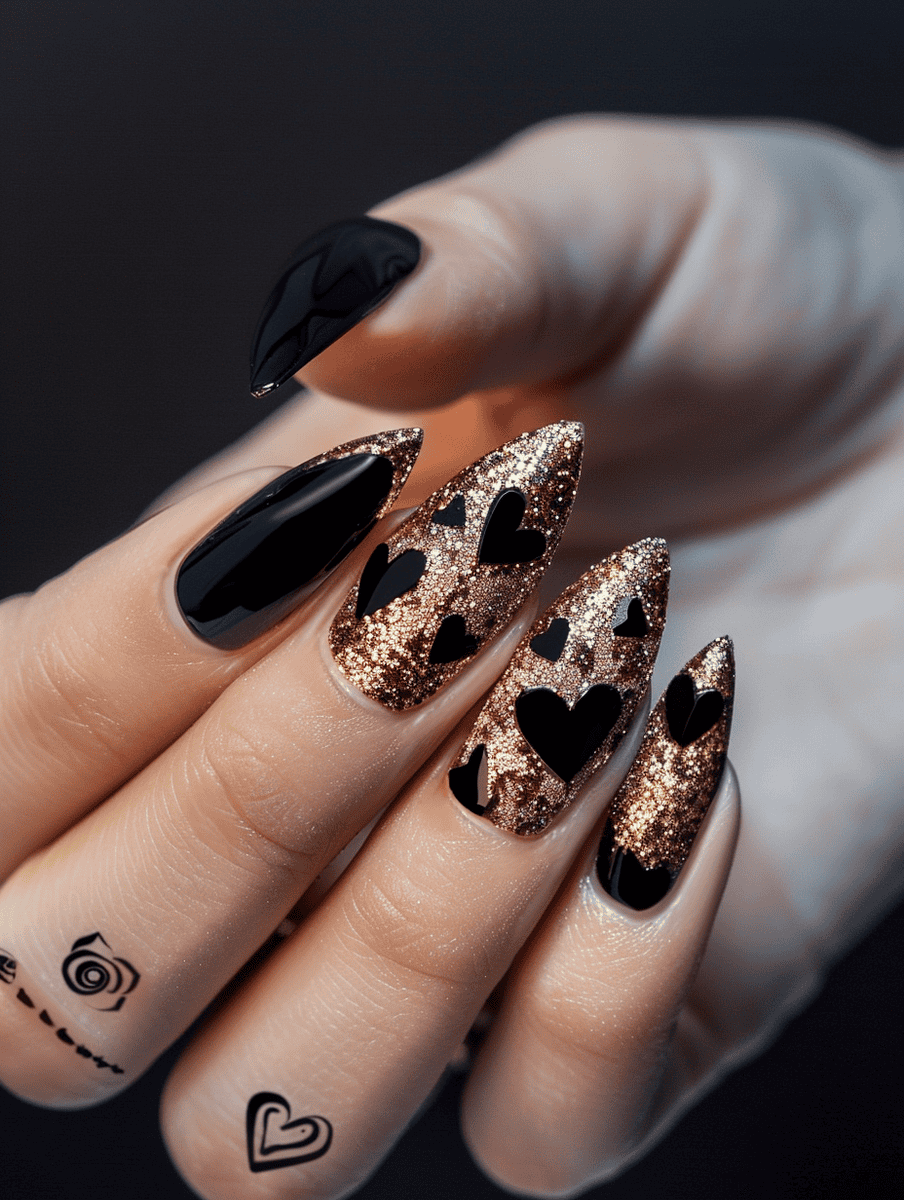 gold glitter base with black heart outlines on stiletto nails