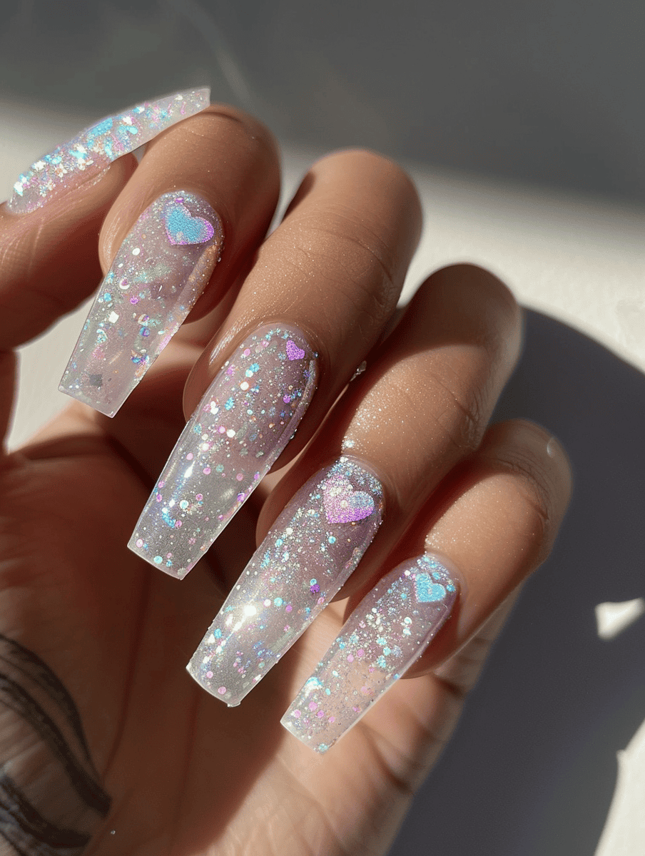 iridescent glitter with tiny heart accents on ballerina nails