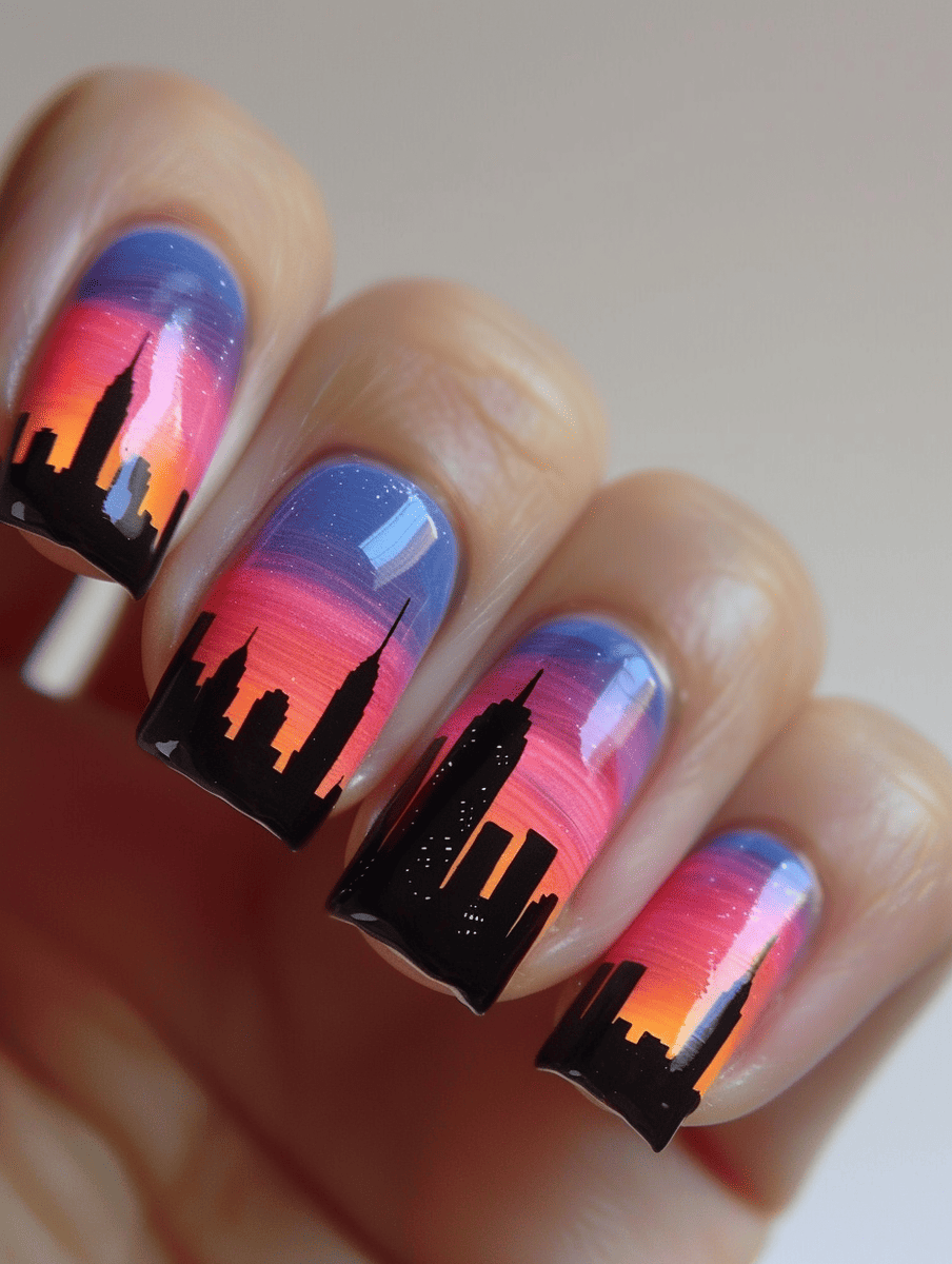 city skyline nail art design featuring the New York skyline against a twilight gradient