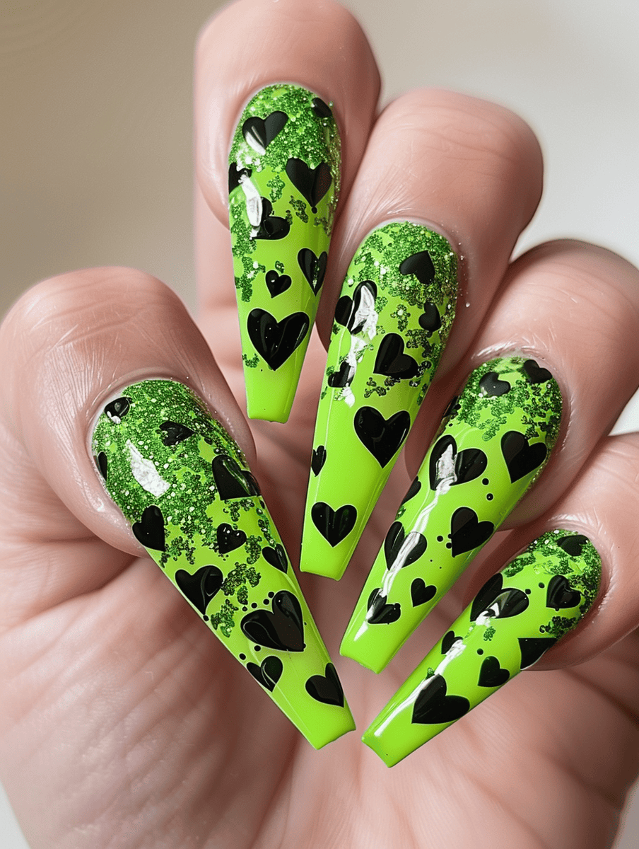 neon green glitter with black hearts on long coffin nails