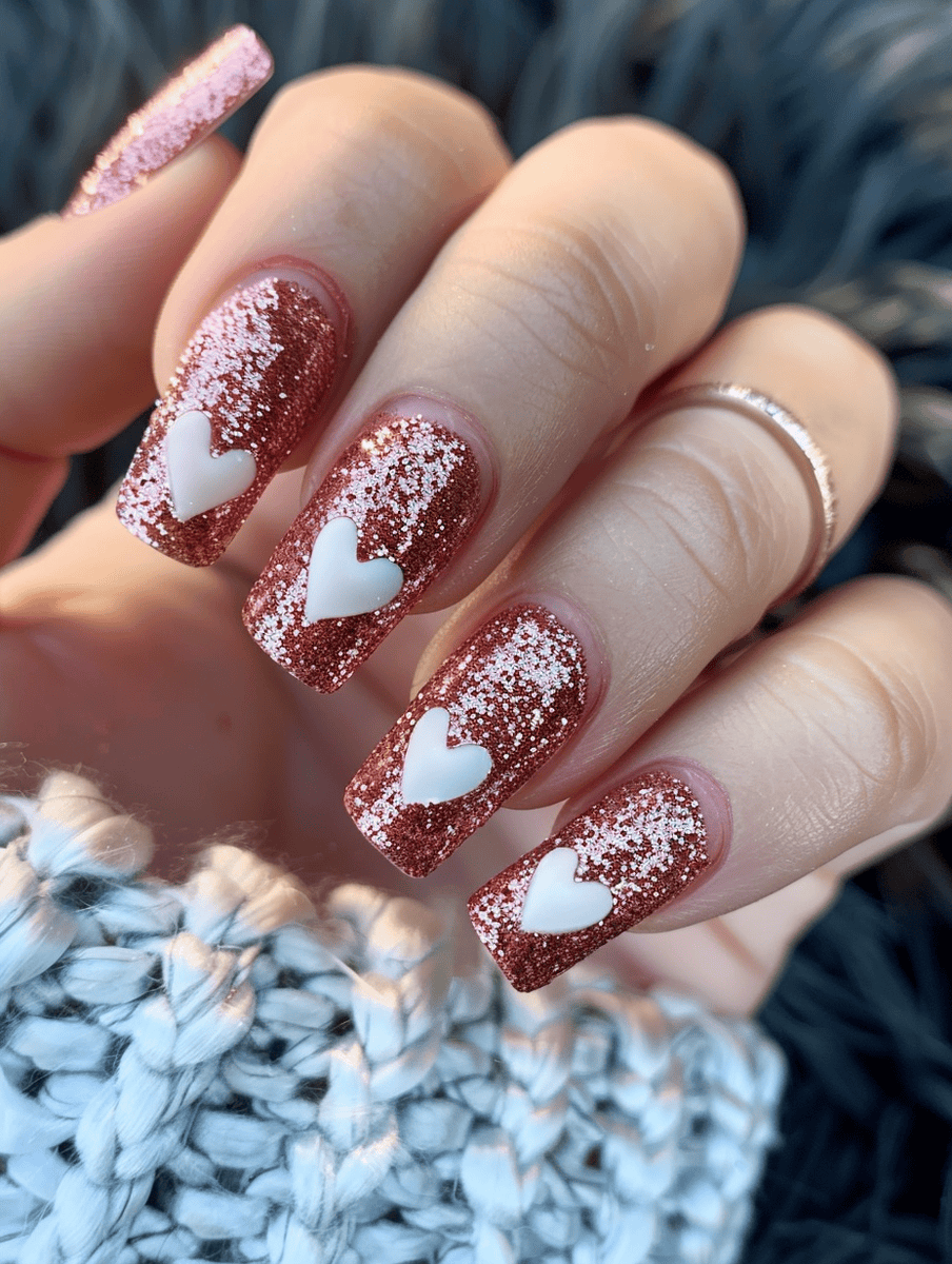 rose gold glitter with white heart patterns on short square nails