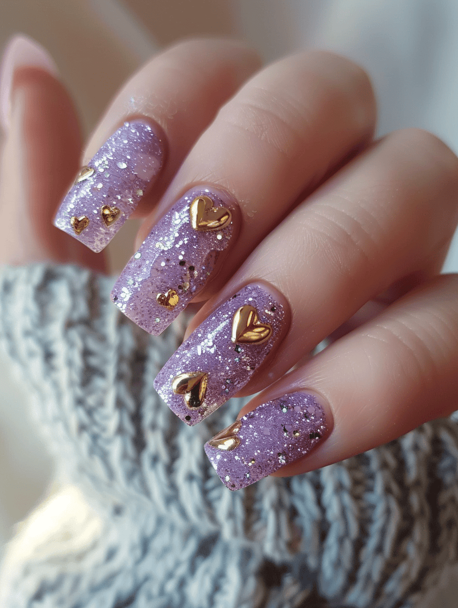 lavender glitter with golden hearts on square nails