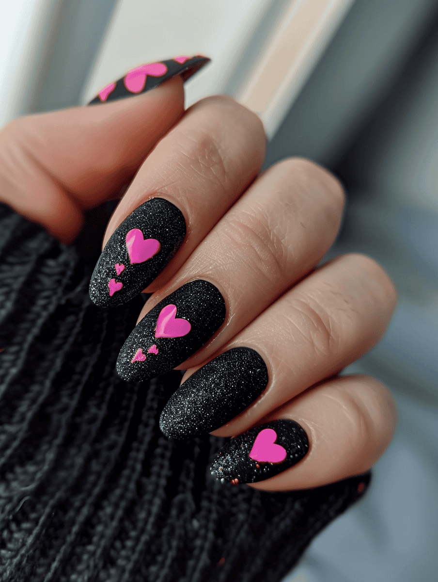 black glitter with neon pink hearts on rounded rounded nails
