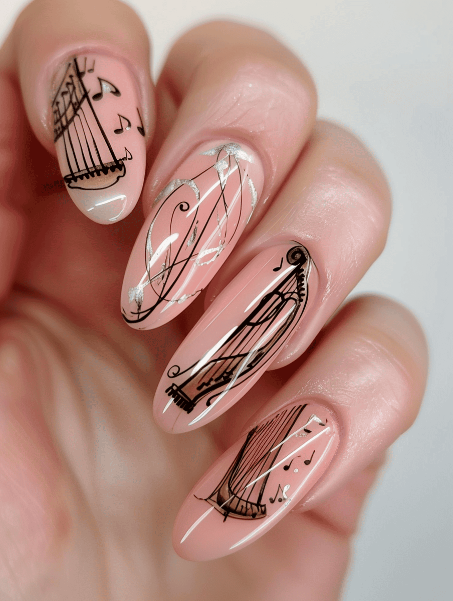Harp strings over pastel peach nails
