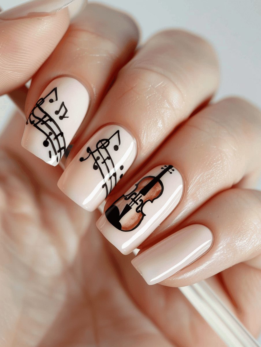 violin and musical notes on pale pink nails