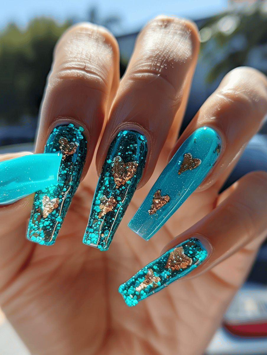 turquoise glitter with golden heart outlines on long square nails