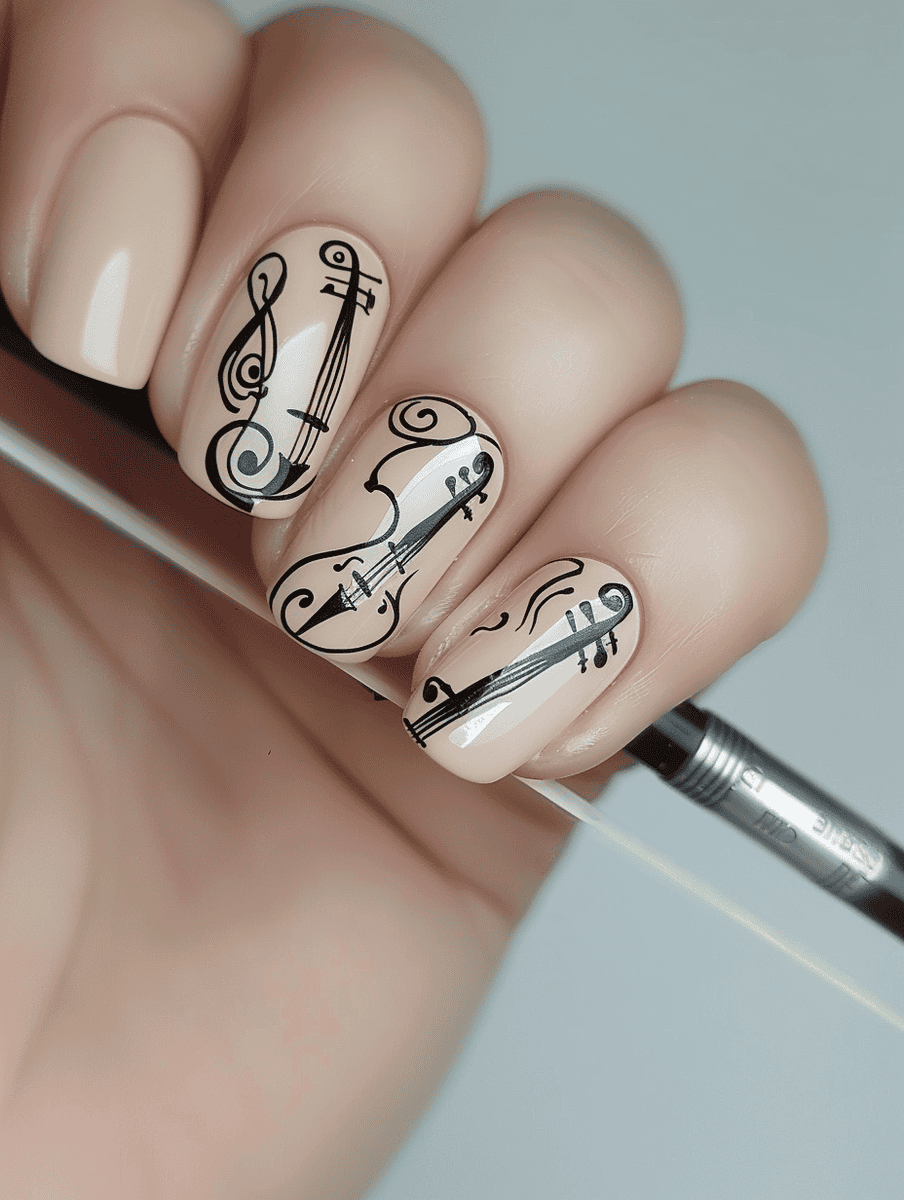 Cello scroll outline on creamy beige nails