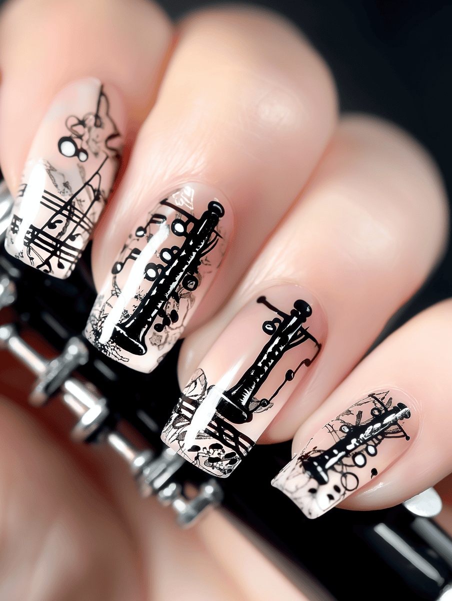 Clarinet design on translucent nails