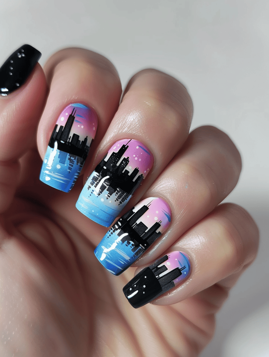 city skyline nail art design featuring the Chicago skyline with a reflective lake effect