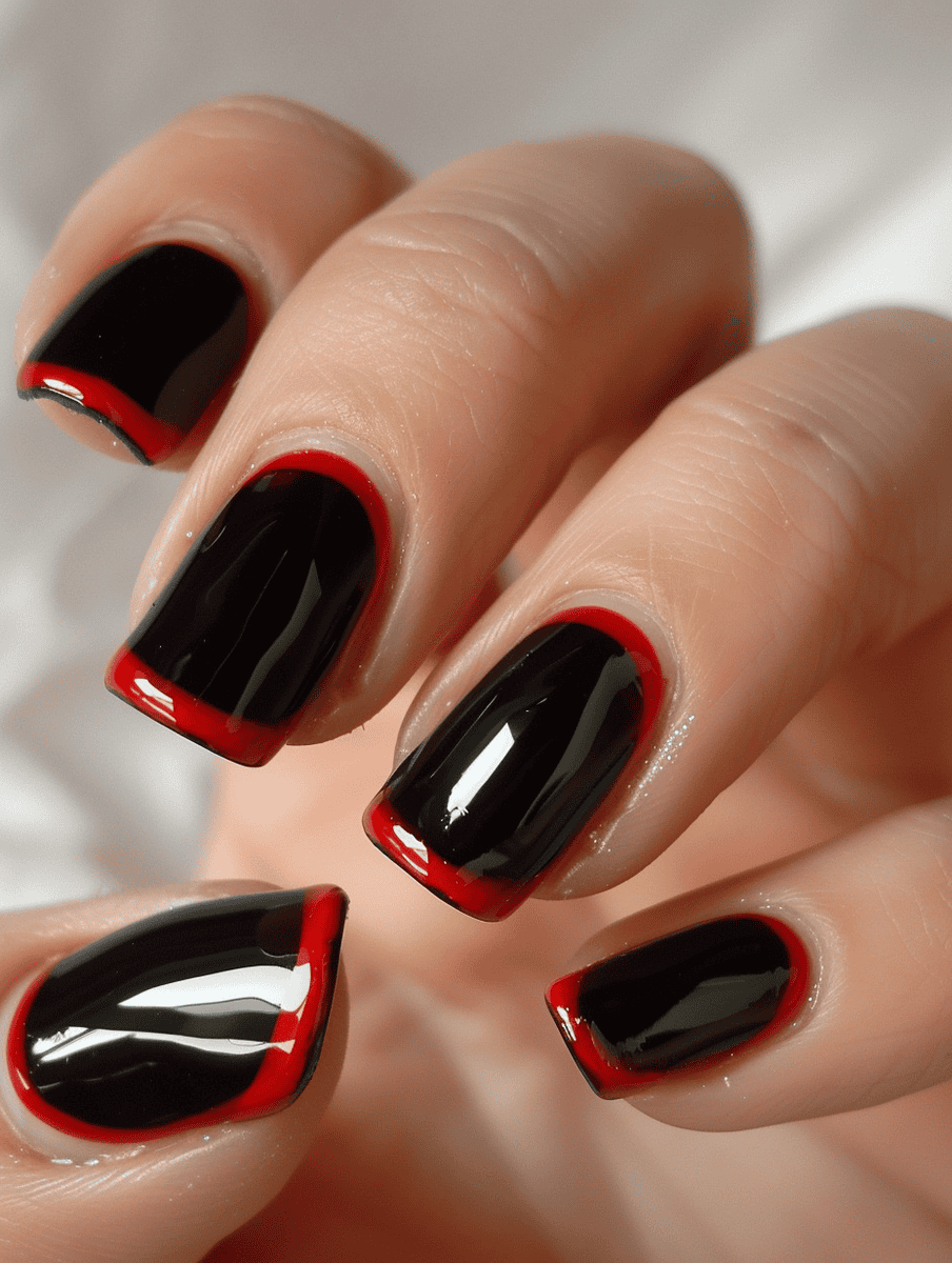 Black nails featuring bold red outlines