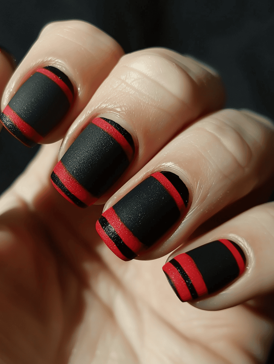 Matte black base with sleek red stripes