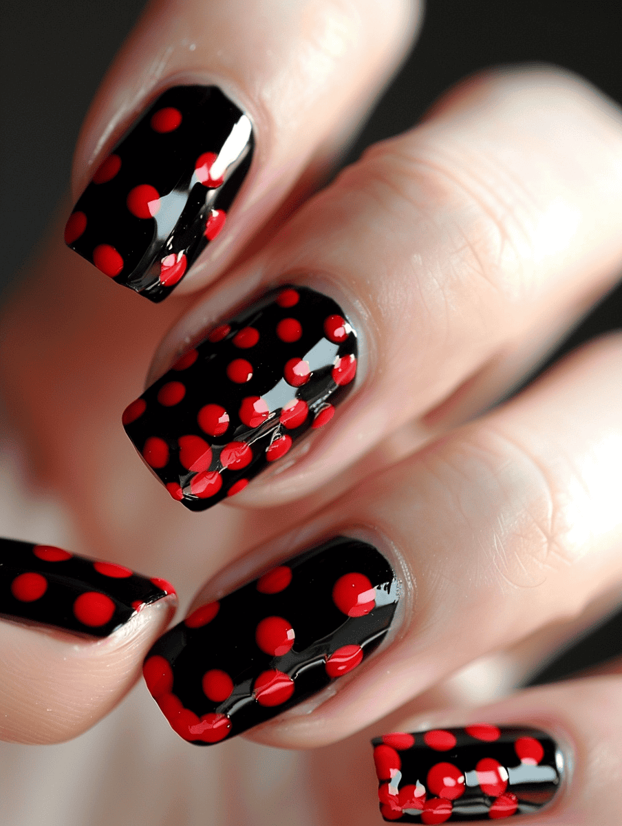 Black nails dotted with vibrant red polka dots