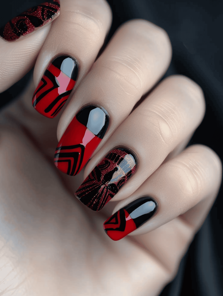 Red nails enhanced with intricate black geometric patterns