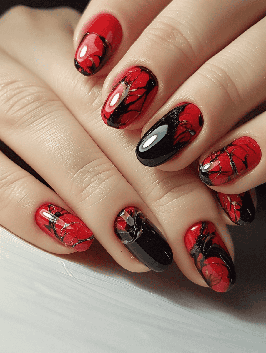 Red nails featuring a luxurious black marble effect