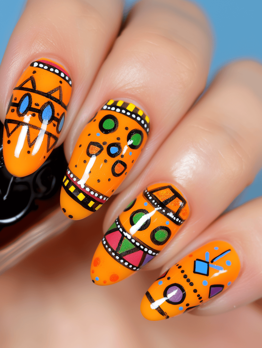 Maracas pattern on vibrant orange nails