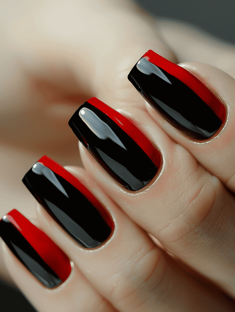 Black nails accented with a single, bold red stripe