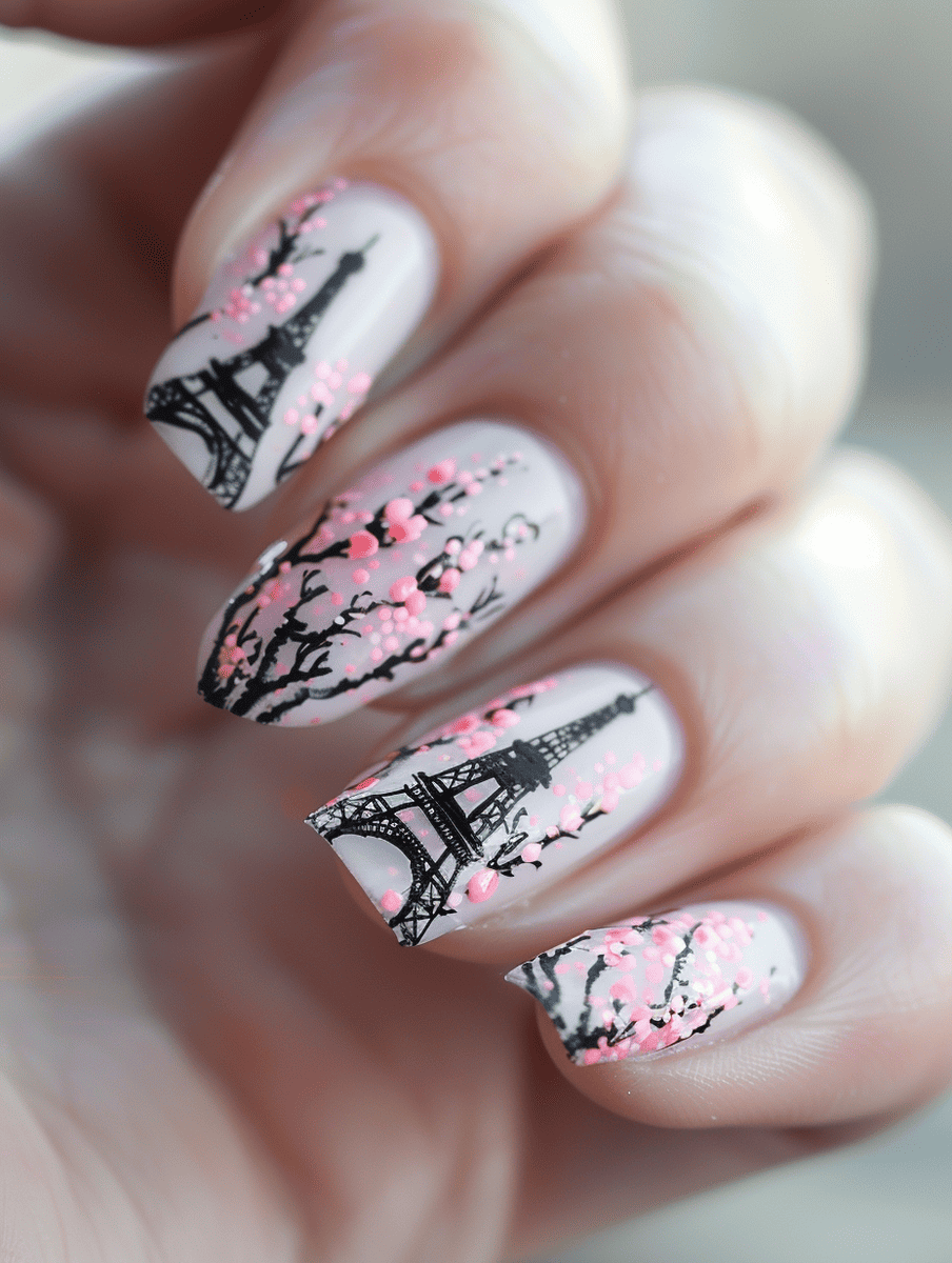 city skyline nail art design with the Eiffel Tower and cherry blossoms