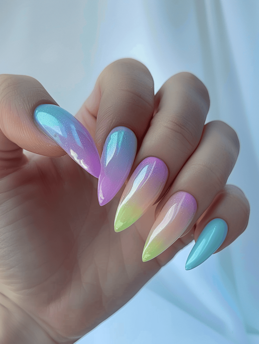 gradient pastel rainbow on pointed nails