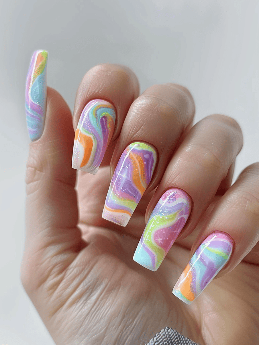 pastel rainbow swirls on coffin nails