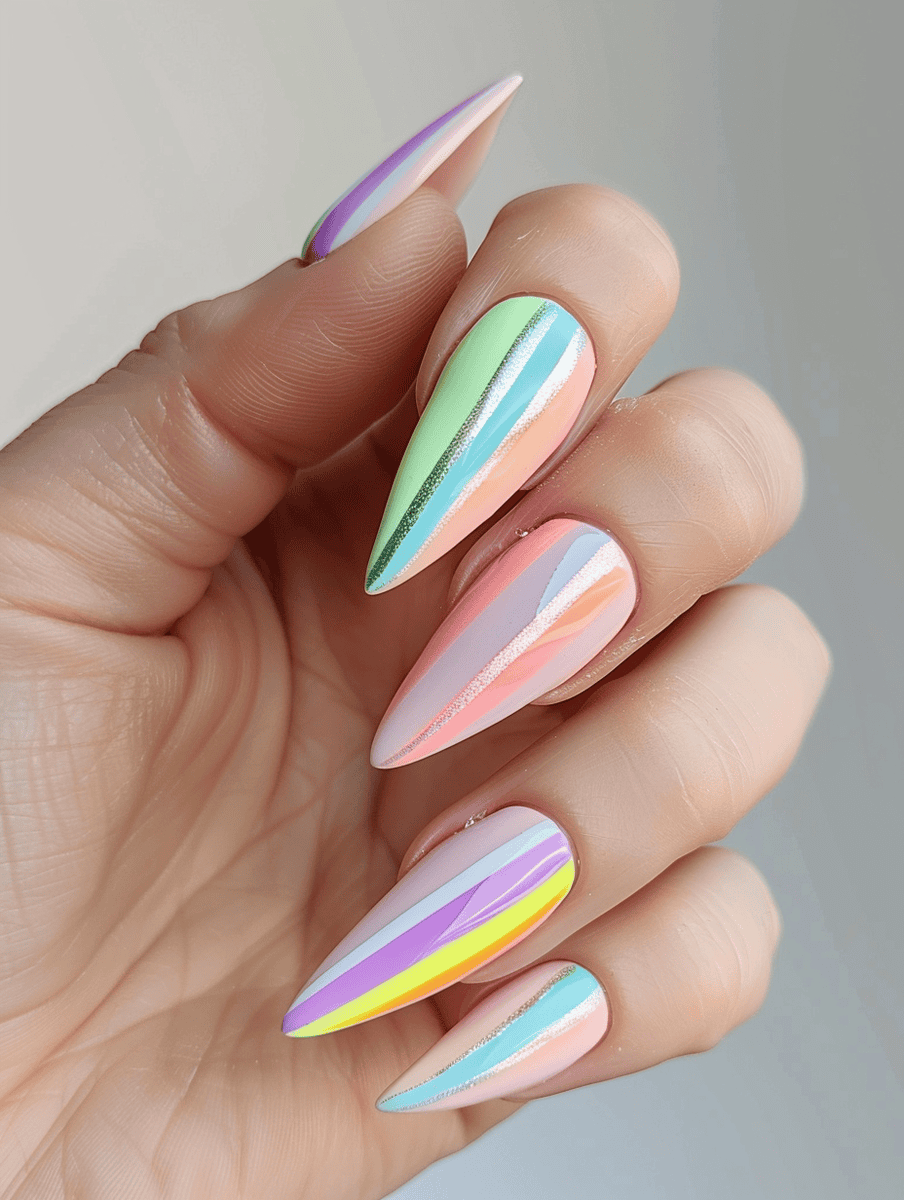 bold pastel stripes on stiletto nails