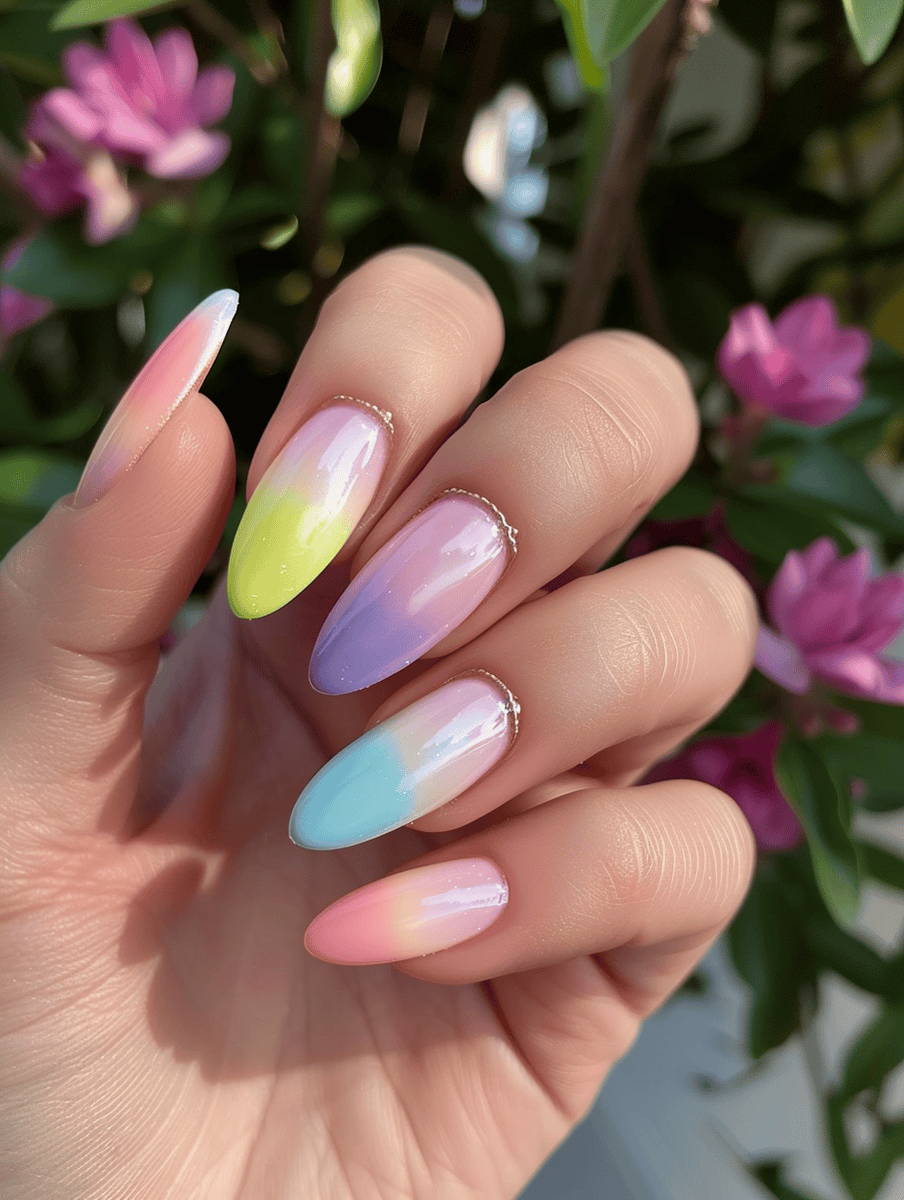 pastel rainbow ombre on oval nails