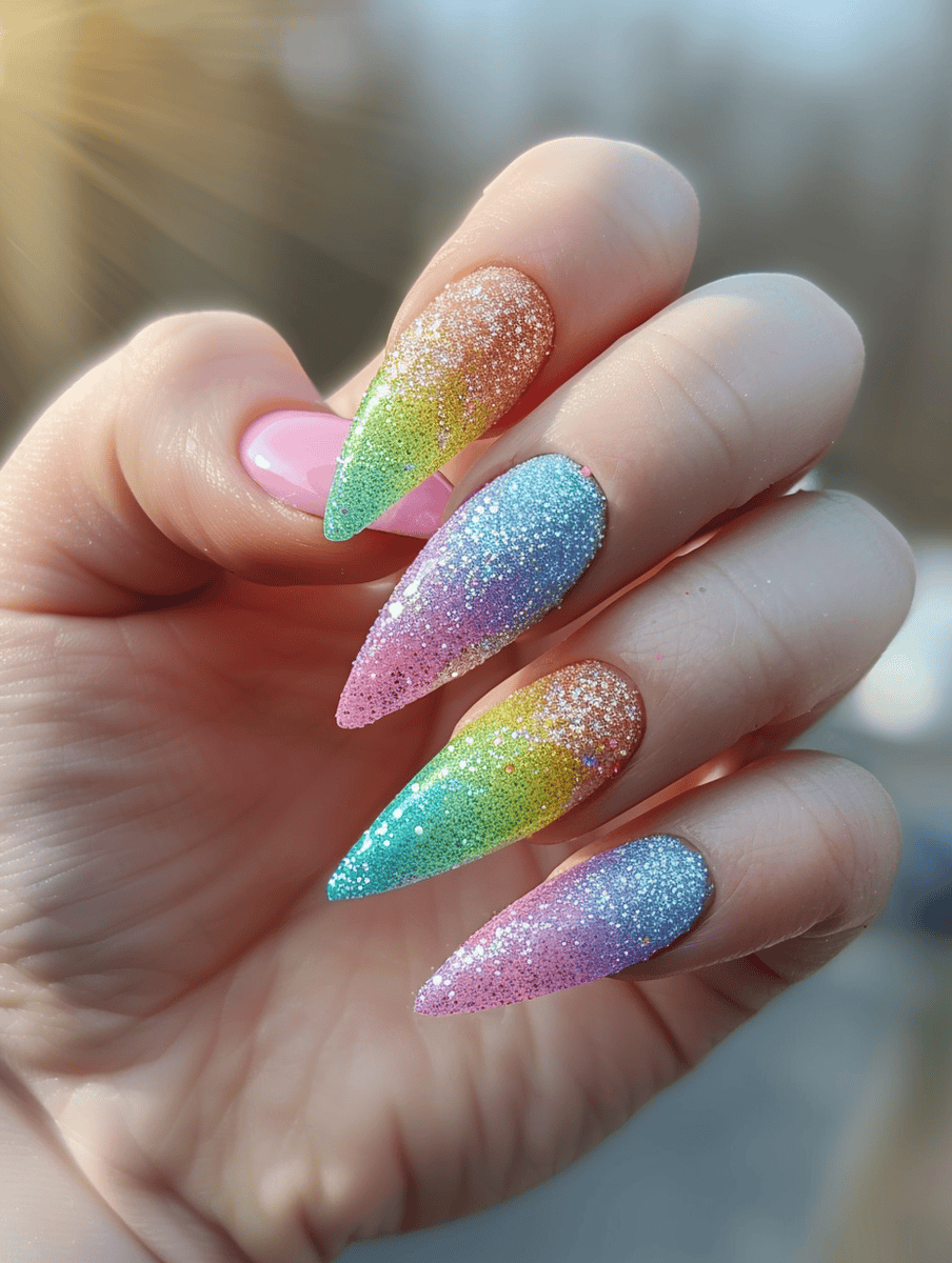 pastel rainbow glitter on pointed nails