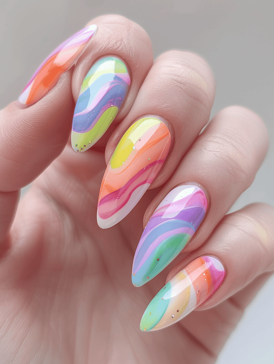 pastel rainbow marble on almond nails