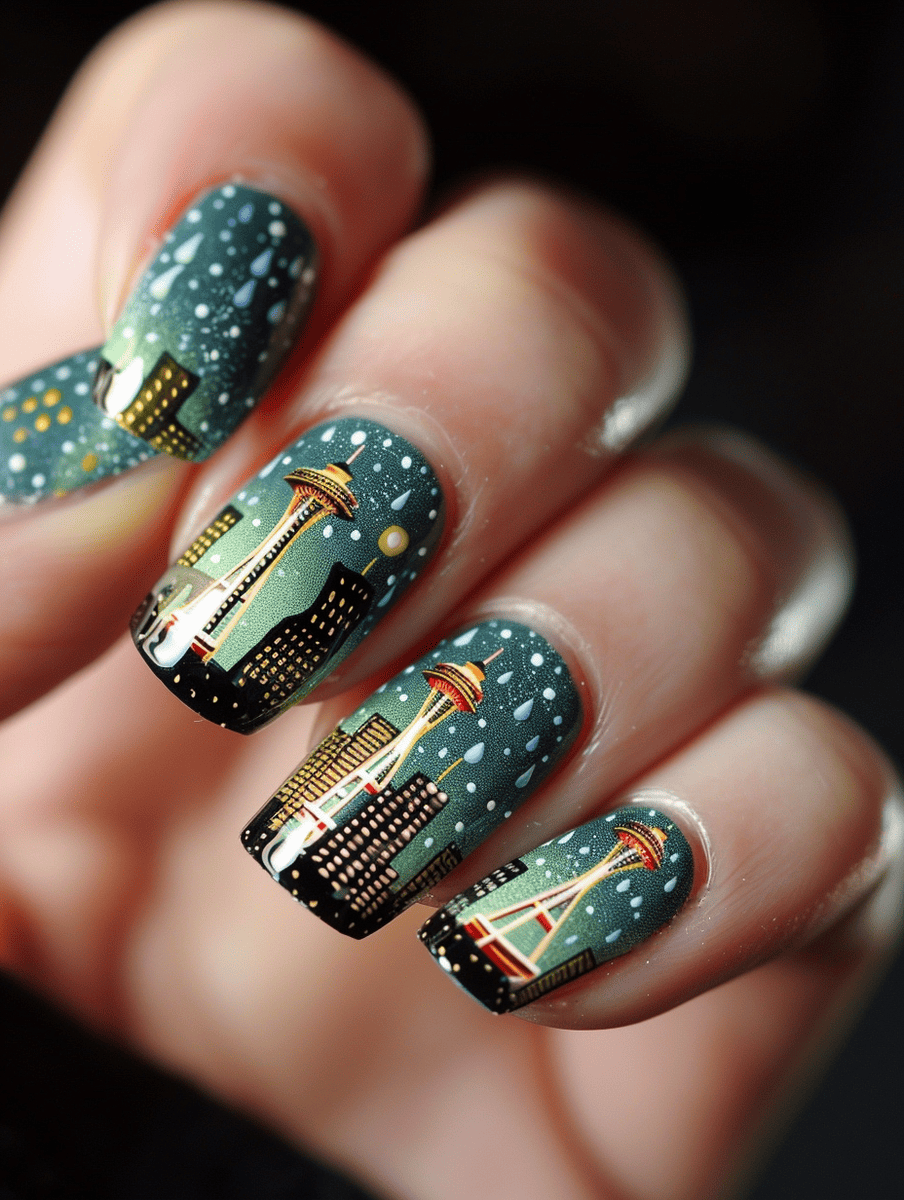 city skyline nail art design featuring the Seattle Space Needle with raindrop accents