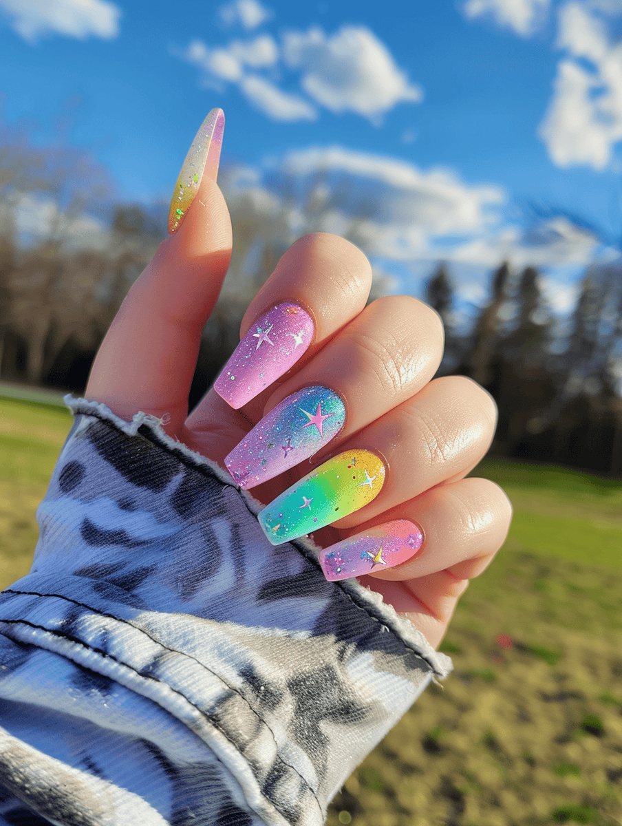 pastel rainbow galaxy design on coffin nails