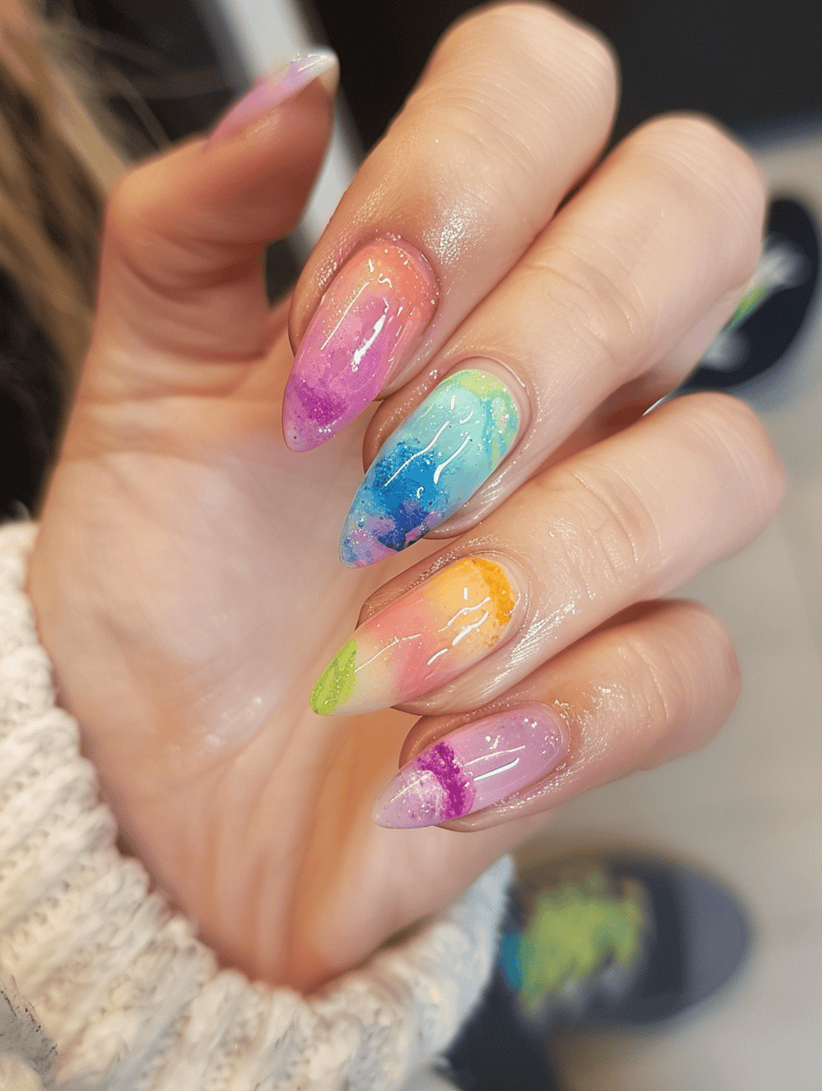 watercolor pastel rainbow on oval nails