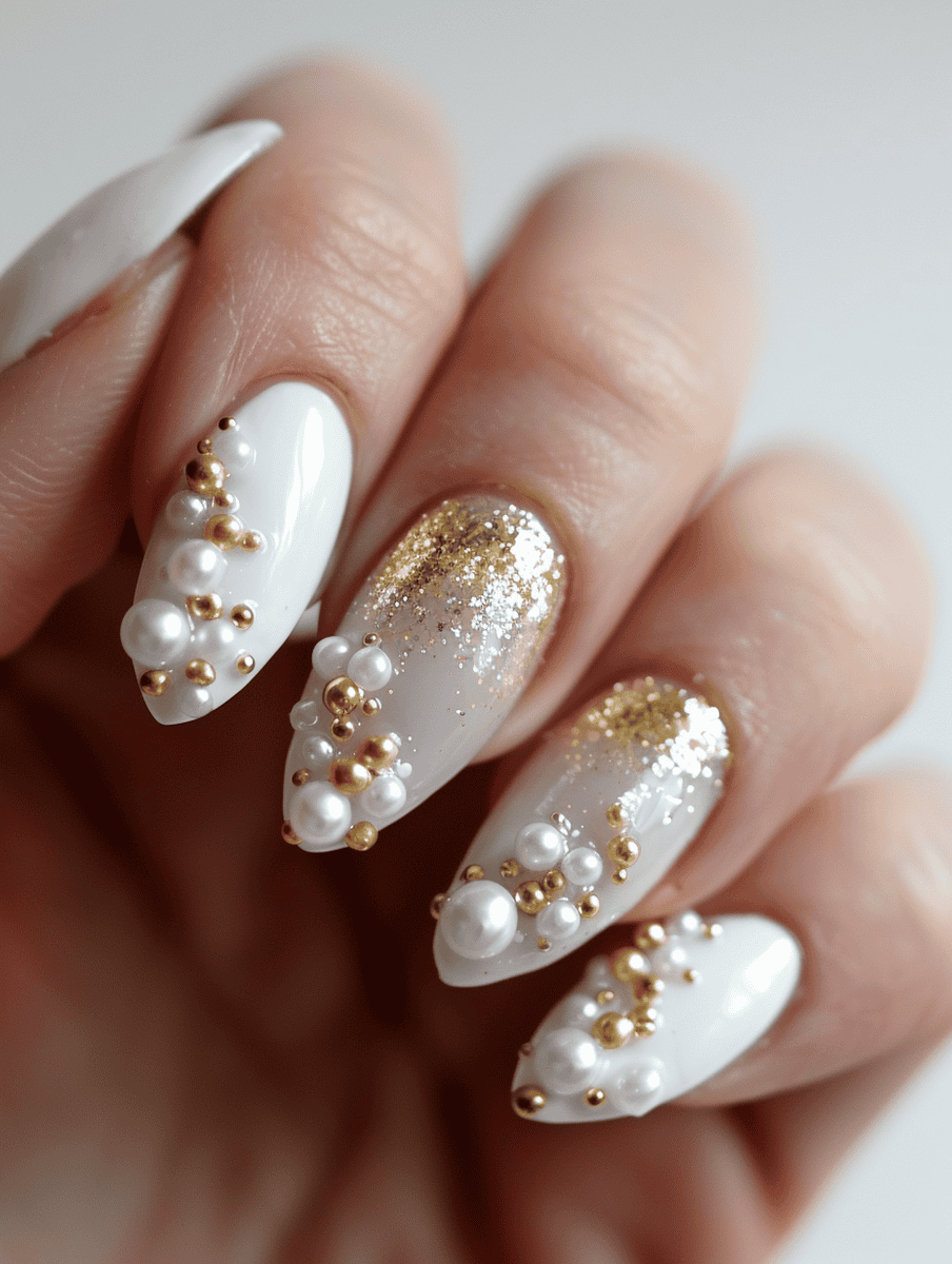 White and gold flake nails with pearl charms
