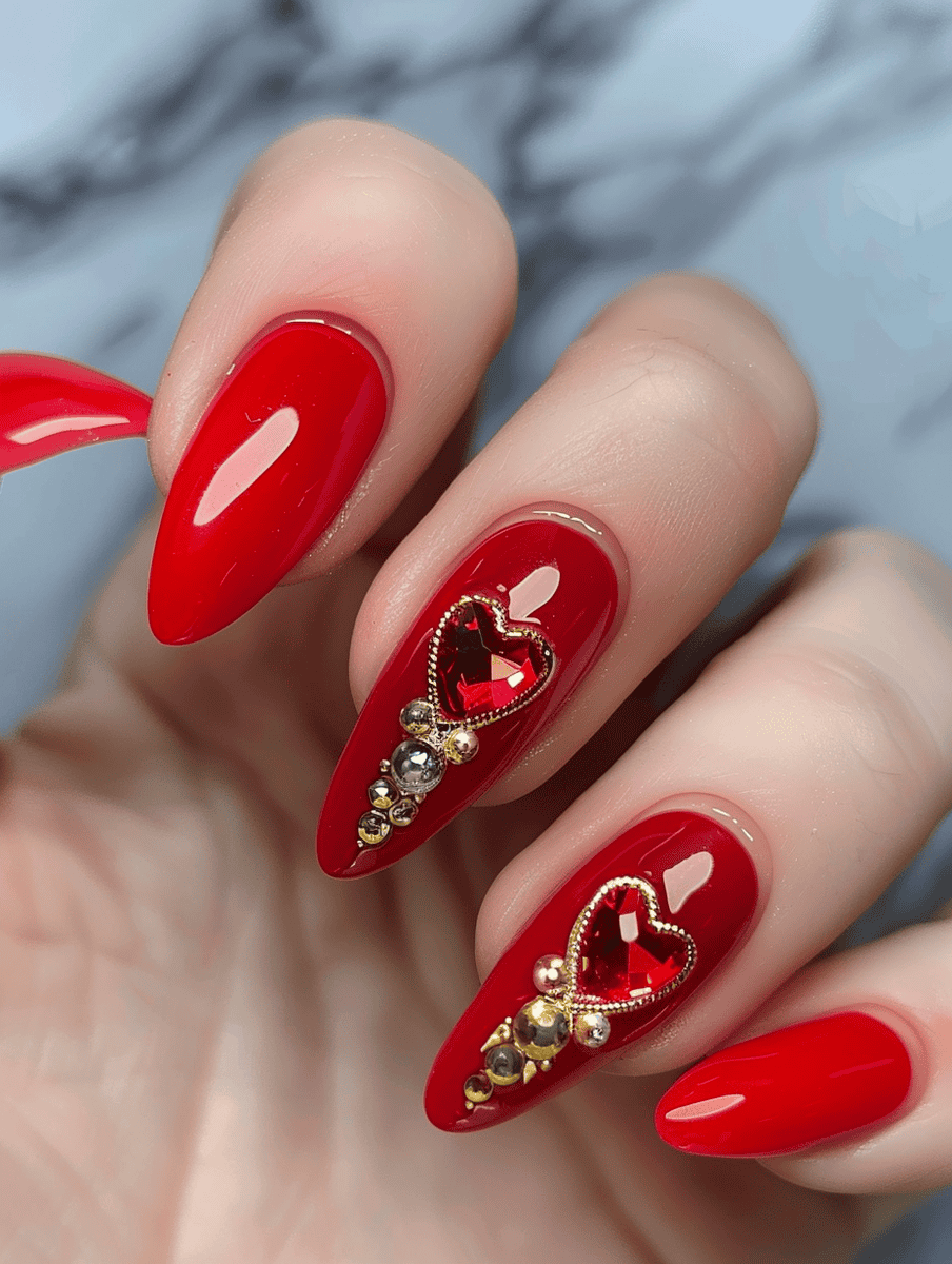 Classic red nails with golden heart charms