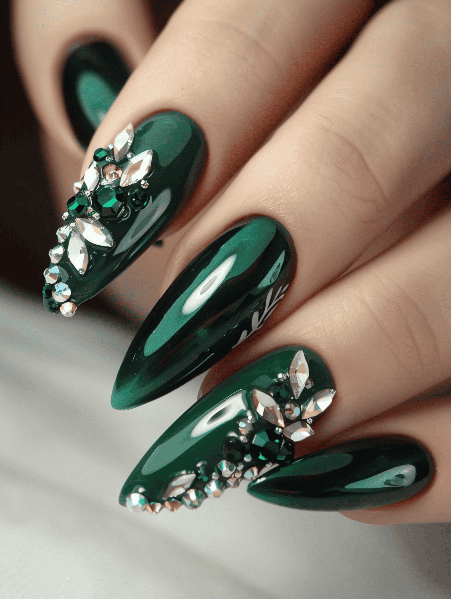 Deep emerald nails with crystal leaf charms