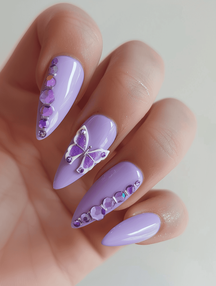 Pastel lavender nails with butterfly charms