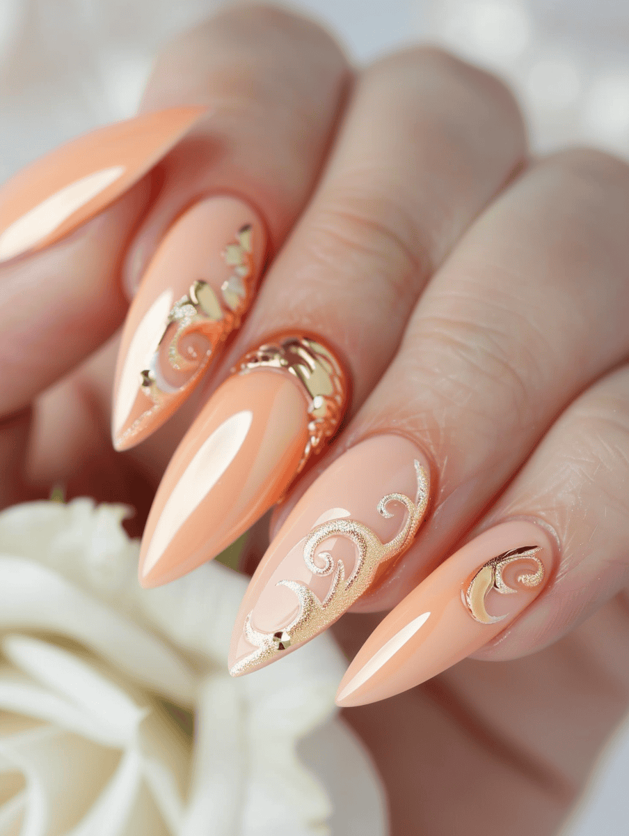 Soft peach nails with golden swirl charms