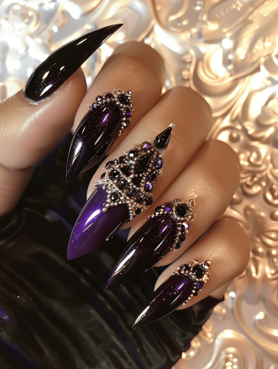 Royal purple nails with crown charms
